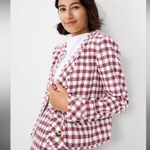 Ann Taylor Red & White Tweed Plaid Jacket – Size 4